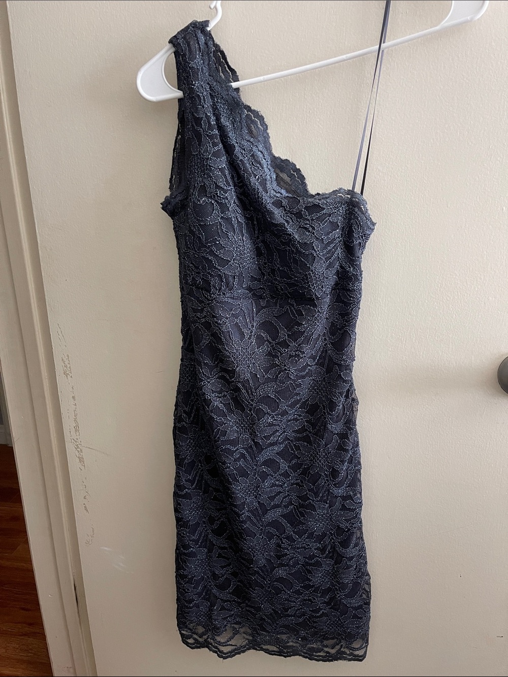 Morgan & Co. One-Shoulder Navy Lace Dress
